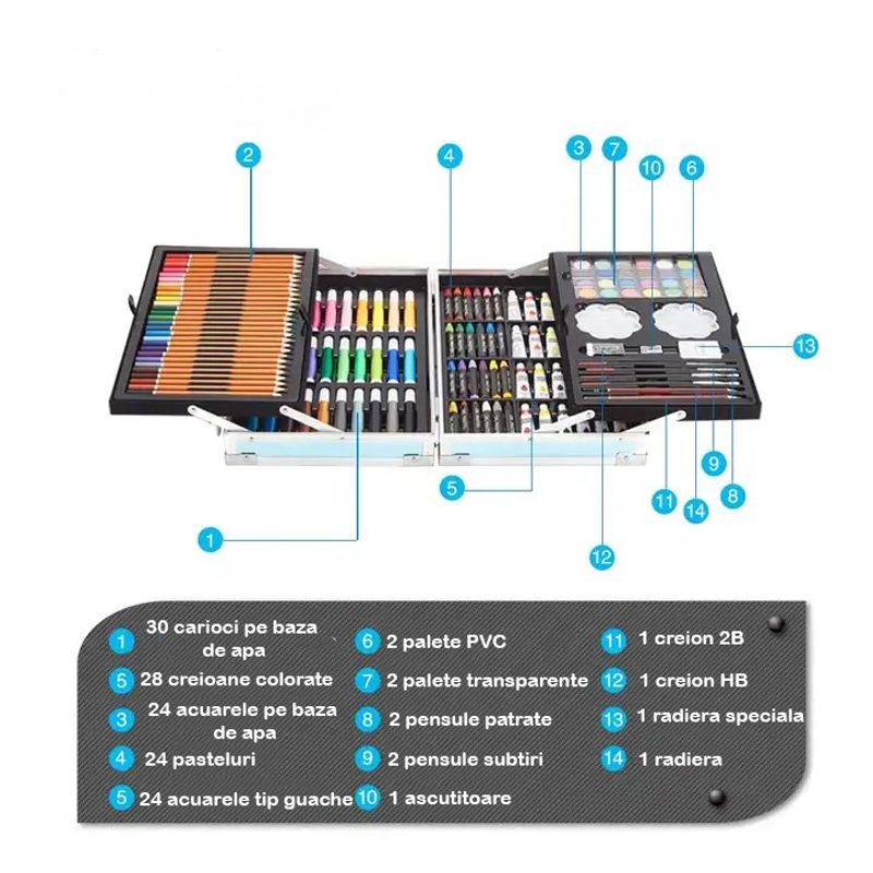 Jucarii, Copii si Bebe - Jucarii si jocuri - Jucarii & jocuri educative - Seturi pictura si desen - Set de pictura si desen pentru copii WePro Store, 145 de piese, Cutie Metalica, 3 ani +, Albastru astronaut - Infinity.ro