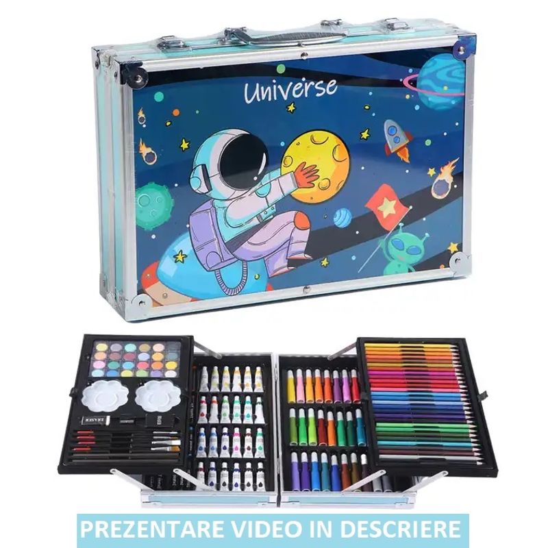 Jucarii, Copii si Bebe - Jucarii si jocuri - Jucarii & jocuri educative - Seturi pictura si desen - Set de pictura si desen pentru copii WePro Store, 145 de piese, Cutie Metalica, 3 ani +, Albastru astronaut - Infinity.ro