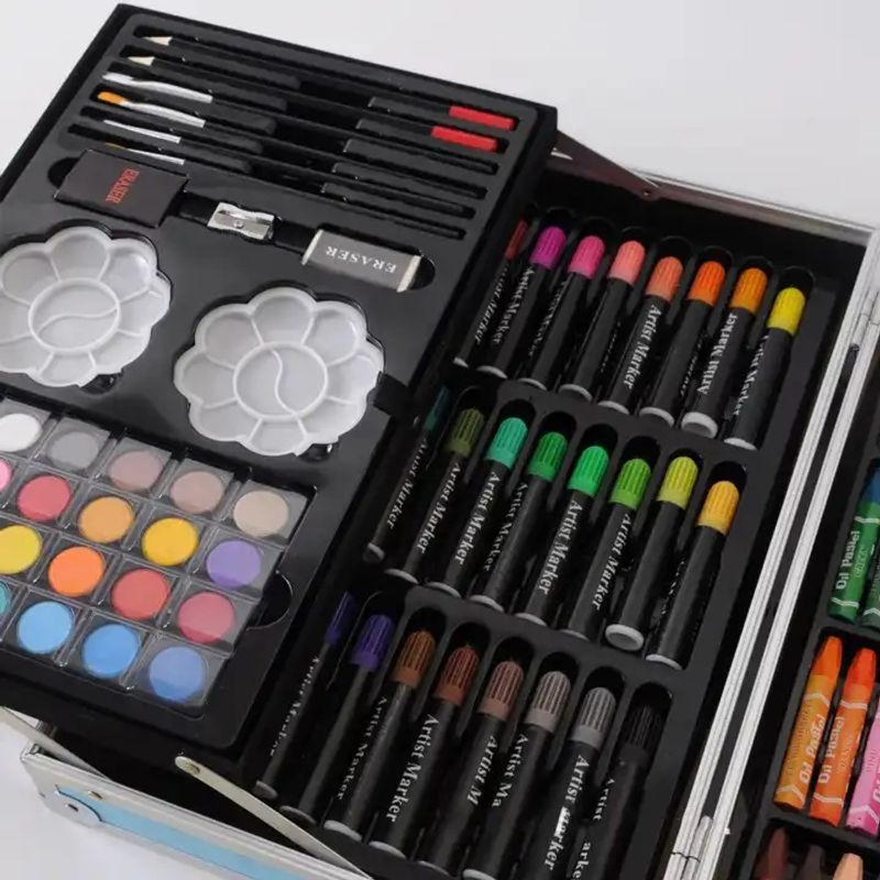 Jucarii, Copii si Bebe - Jucarii si jocuri - Jucarii & jocuri educative - Seturi pictura si desen - Set de pictura si desen pentru copii WePro Store, 145 de piese, Cutie Metalica, 3 ani +, Albastru astronaut - Infinity.ro