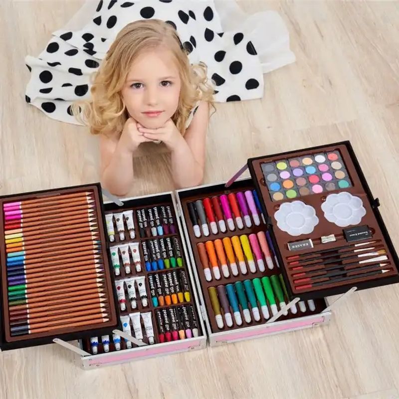 Jucarii, Copii si Bebe - Jucarii si jocuri - Jucarii & jocuri educative - Seturi pictura si desen - Set de pictura si desen pentru copii WePro Store, 145 de piese, Cutie Metalica, 3 ani +, Roz - Infinity.ro