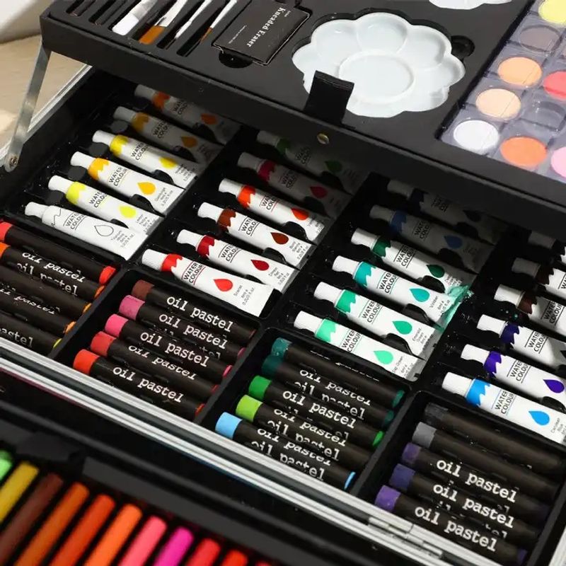 Jucarii, Copii si Bebe - Jucarii si jocuri - Jucarii & jocuri educative - Seturi pictura si desen - Set de pictura si desen pentru copii WePro Store, 145 de piese, Cutie Metalica, 3 ani +, Roz - Infinity.ro