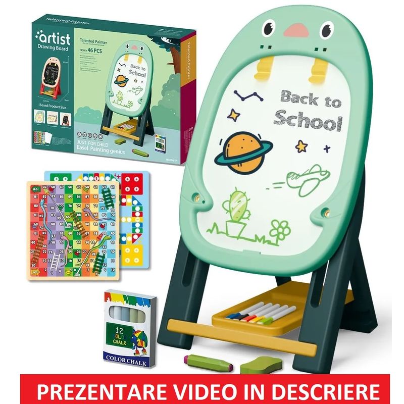 Jucarii, Copii si Bebe - Jucarii si jocuri - Jucarii & jocuri educative - Jocuri si jucarii educative - Tabla Multifunctionala cu Doua Fete, 2 Jocuri, Magnetica pentru Cifre si Litere, Neagra pentru Creta, Verde, 3 Ani+ - Infinity.ro