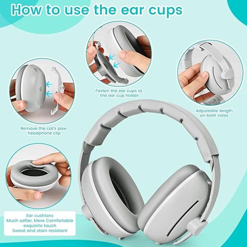 Casa si Gradina - Mobilier - Mobilier copii - Sisteme de siguranta - Casti Antifonice 2 in 1 Pentru Bebelusi si Copii 3-48 luni, Bentita Moale, Anulare Zgomot 25dB, Gri cu Ursulet - Infinity.ro