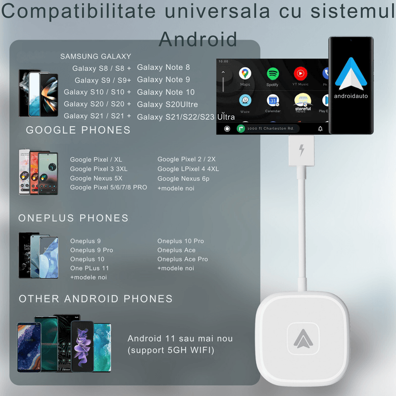 Auto si Moto - Electronice auto - Multimedia auto - Modulator tip adaptor wireless Android Auto, compatibil cu android, conversie de la cablu la wireless pentru, alb - Infinity.ro