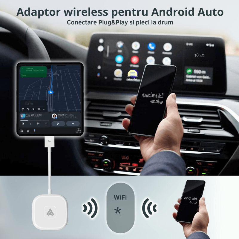 Auto si Moto - Electronice auto - Multimedia auto - Modulator tip adaptor wireless Android Auto, compatibil cu android, conversie de la cablu la wireless pentru, alb - Infinity.ro
