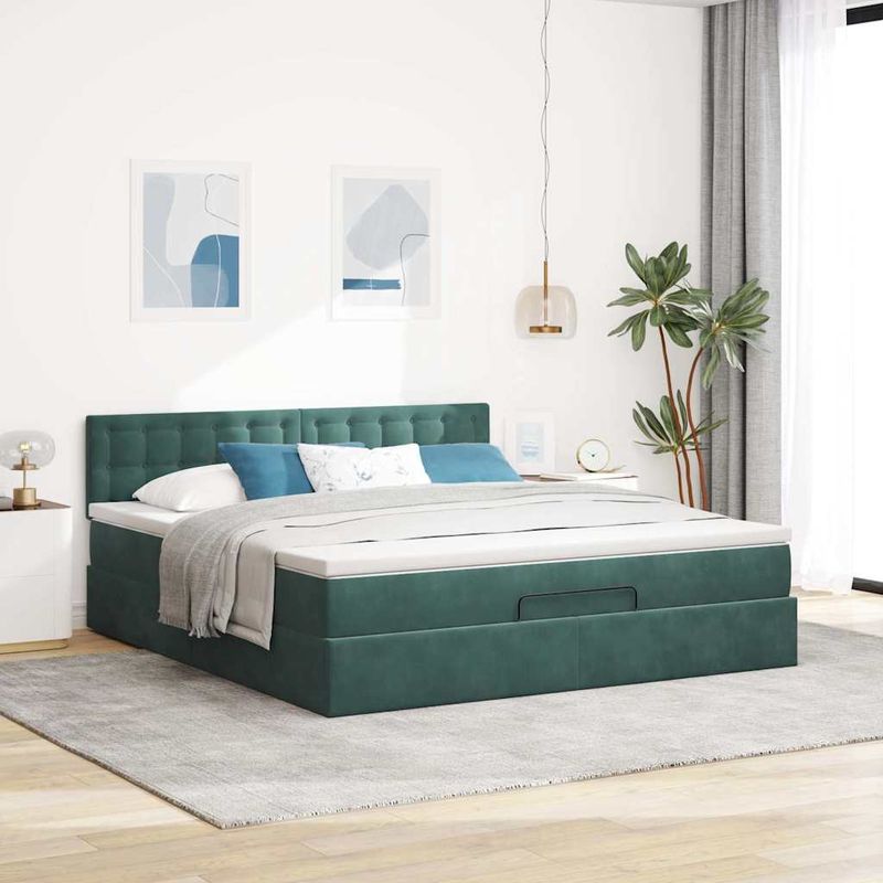 Casa si Gradina - Mobilier - Paturi si accesorii - Paturi - Cadru de pat otoman cu saltea verde inchis 160x200cm catifea - Infinity.ro