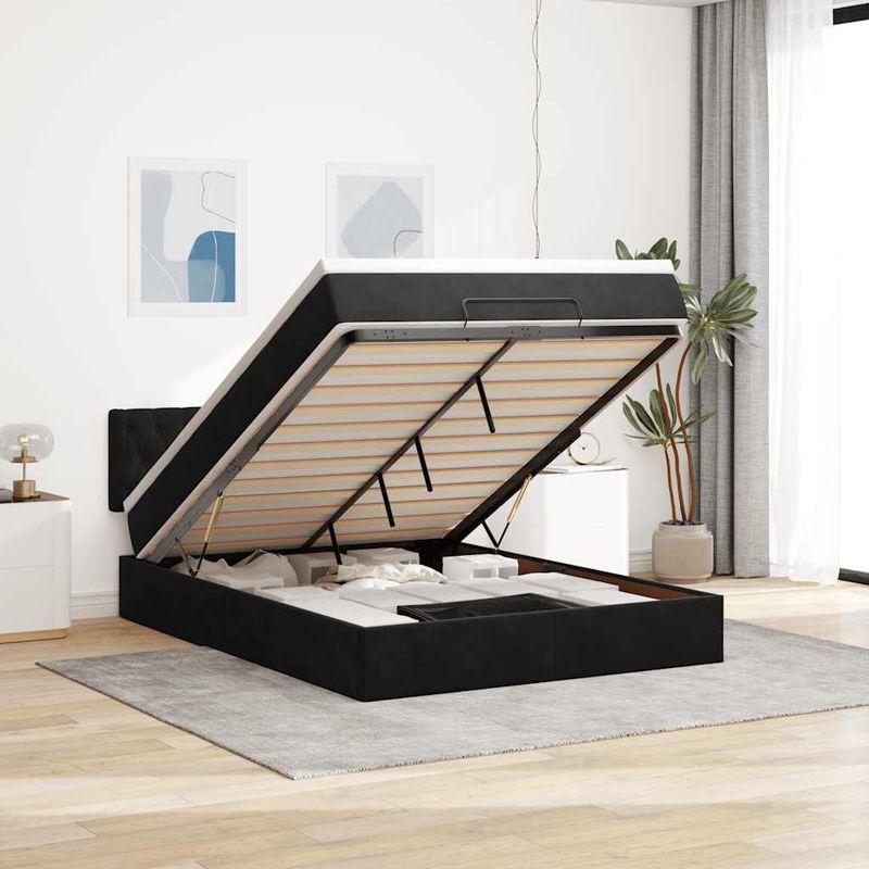 Casa si Gradina - Mobilier - Paturi si accesorii - Paturi - Cadru pat otoman cu saltea, catifea neagra 140x200cm - Infinity.ro