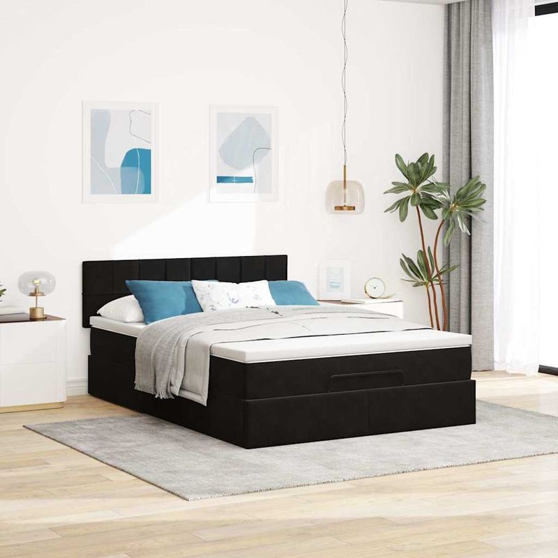 Casa si Gradina - Mobilier - Paturi si accesorii - Paturi - Cadru pat otoman cu saltea, catifea neagra 140x200cm - Infinity.ro