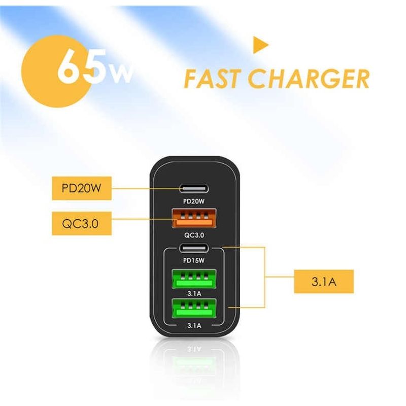 Laptop, Telefoane si Tablete - Telefoane mobile si accesorii - Accesorii Telefoane - Incarcatoare telefoane - Incarcator Retea, 65W Fast Charge, 5 Porturi, 3 x USB, 2 x Type-C, Compatibil iPhone, Huawei, Samsung, Xiaomi etc, Negru - Infinity.ro
