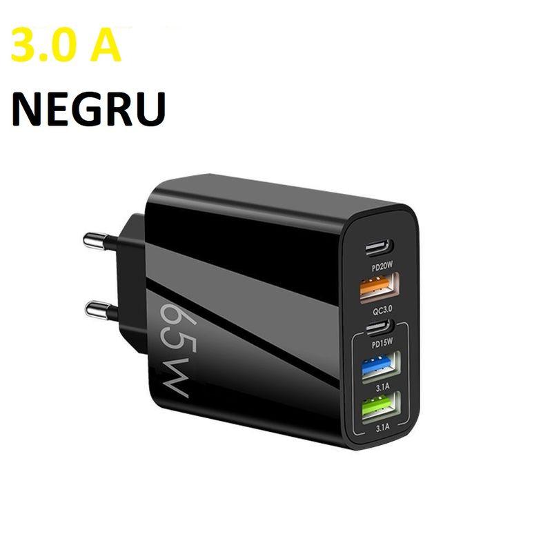 Laptop, Telefoane si Tablete - Telefoane mobile si accesorii - Accesorii Telefoane - Incarcatoare telefoane - Incarcator Retea, 65W Fast Charge, 5 Porturi, 3 x USB, 2 x Type-C, Compatibil iPhone, Huawei, Samsung, Xiaomi etc, Negru - Infinity.ro