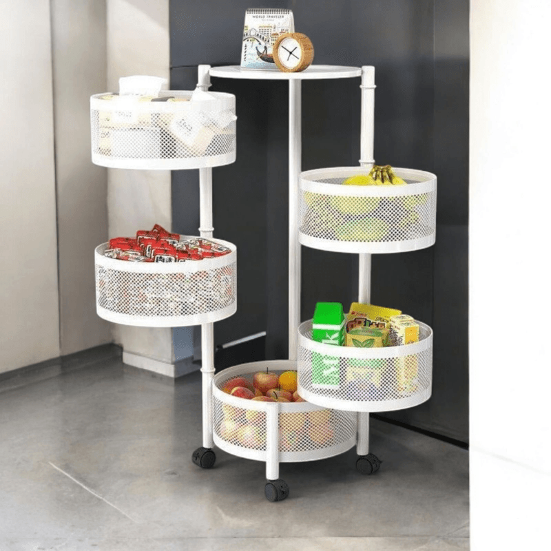 Casa si Gradina - Bucatarie si vesela - Organizare si depozitare bucatarie - Suporturi tacamuri si vase - Organizator mobil de bucatarie cu cinci cosuri rotative pentru depozitarea fructelor si legumelor, alb - Infinity.ro