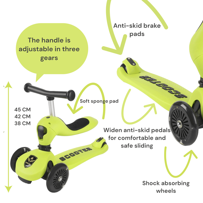 Sport si Outdoor - Role, trotinete si skateboard - Trotinete copii - Trotineta 3in1 transformabila in tricicleta, maner reglabil de impins pentru parinti, roti iluminate in miscare, verde - Infinity.ro