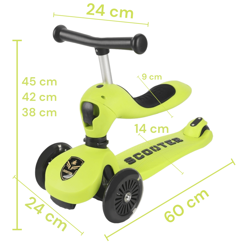 Sport si Outdoor - Role, trotinete si skateboard - Trotinete copii - Trotineta 3in1 transformabila in tricicleta, maner reglabil de impins pentru parinti, roti iluminate in miscare, verde - Infinity.ro