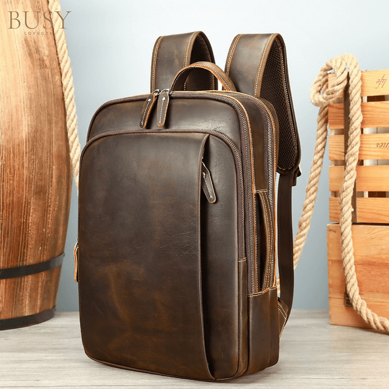 Fashion, accesorii si bijuterii - Barbati - Accesorii barbati - Genti si rucsacuri barbati - Rucsac Laptop 16' Piele Naturala Crazy Horse, Noble, Antiperspirant, Ataşabil Troler, Maro/Cafea - Infinity.ro