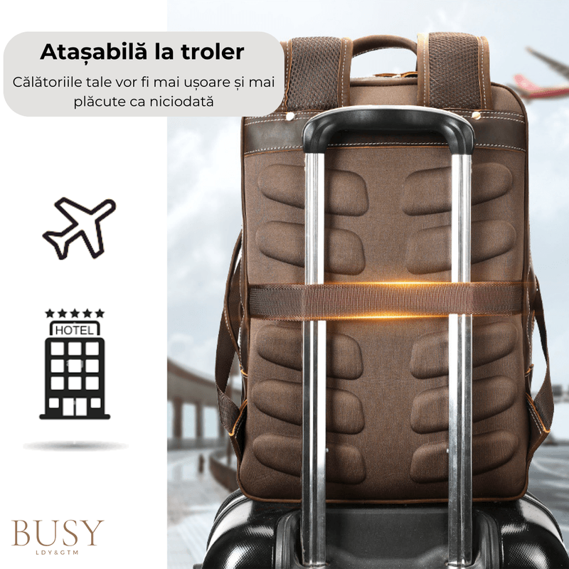 Fashion, accesorii si bijuterii - Barbati - Accesorii barbati - Genti si rucsacuri barbati - Rucsac Laptop 16' Piele Naturala Crazy Horse, Noble, Antiperspirant, Ataşabil Troler, Maro/Cafea - Infinity.ro