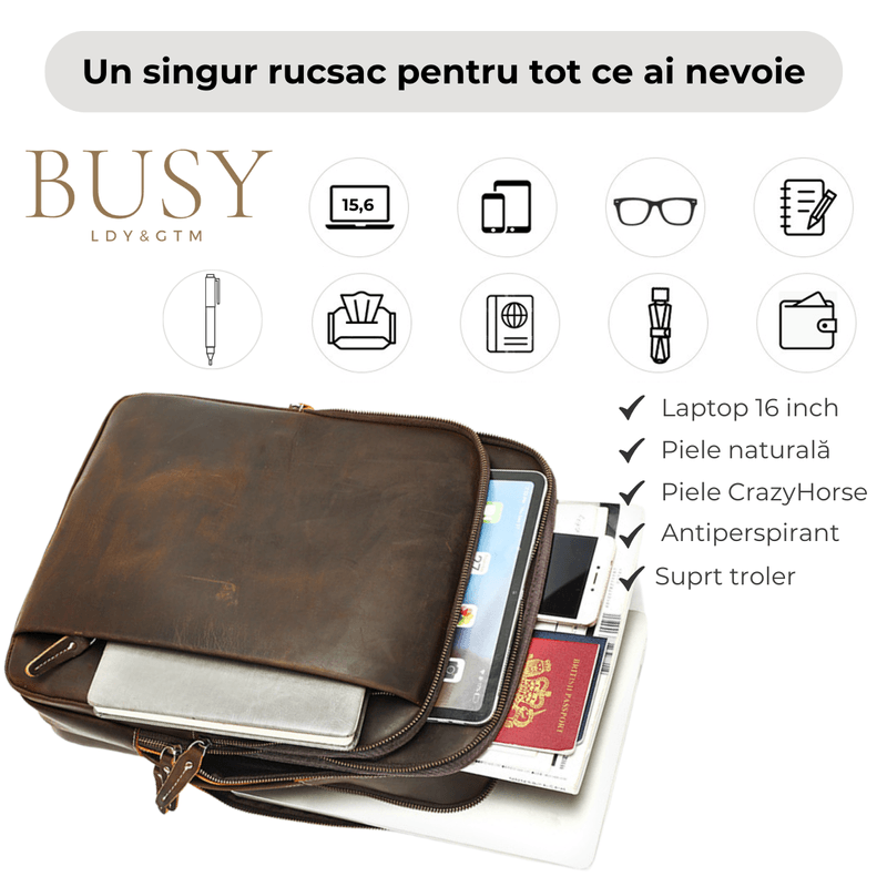 Fashion, accesorii si bijuterii - Barbati - Accesorii barbati - Genti si rucsacuri barbati - Rucsac Laptop 16' Piele Naturala Crazy Horse, Noble, Antiperspirant, Ataşabil Troler, Maro/Cafea - Infinity.ro