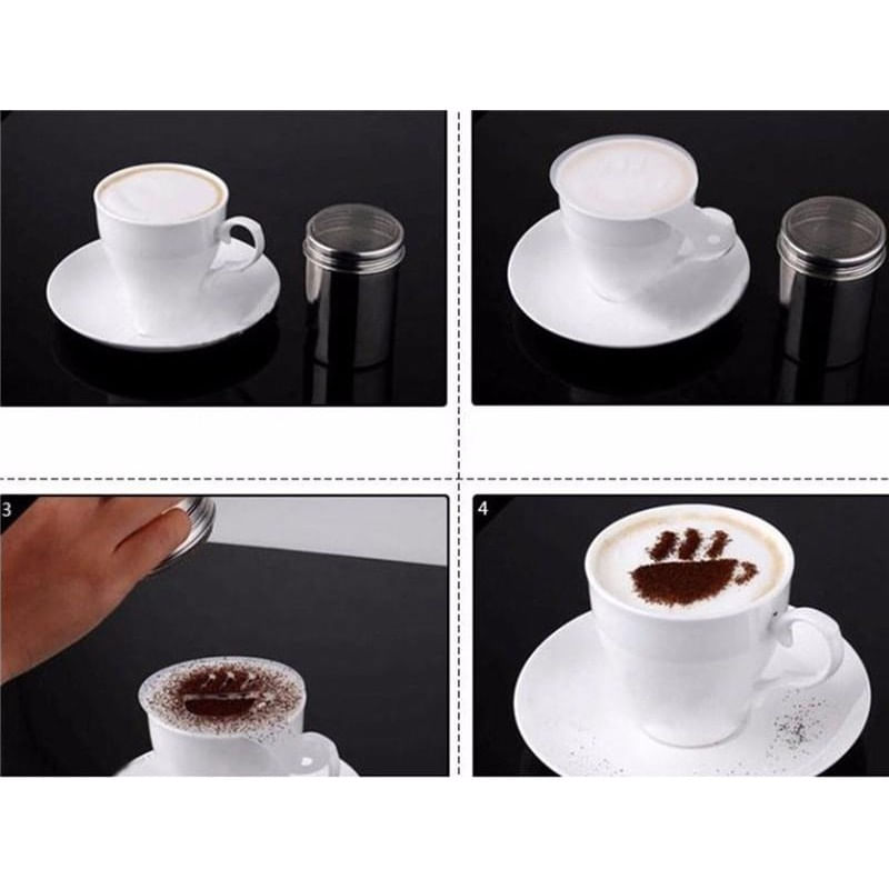 Casa si Gradina - Bucatarie si vesela - Ustensile bucatarie - Site bucatarie, strecuratori si accesorii - Set Sita pentru decorat cafeaua din inox + 16 forme - Infinity.ro
