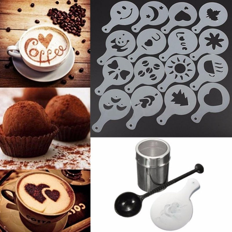 Casa si Gradina - Bucatarie si vesela - Ustensile bucatarie - Site bucatarie, strecuratori si accesorii - Set Sita pentru decorat cafeaua din inox + 16 forme - Infinity.ro