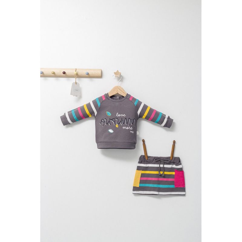 Fashion, accesorii si bijuterii - Copii - Imbracaminte copii - Treninguri si compleuri copii - Set 2 piese cu bluzita si fustita pentru fetite Colorful autum, Tongs baby, gri, marime 18-24 luni - Infinity.ro