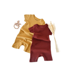 Fashion, accesorii si bijuterii - Copii - Imbracaminte copii - Salopete copii - Set de 2 salopetele cu maneca scurta, caramiziu/sofran, marime 3-6 luni - Infinity.ro