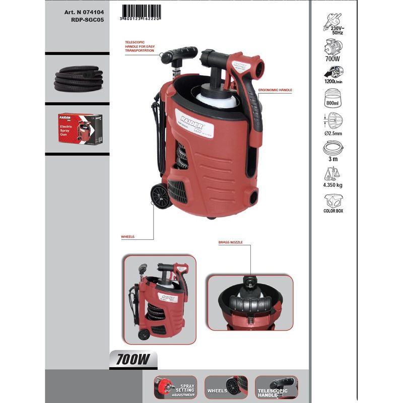 Casa si Gradina - Constructii - Vopsea si tencuieli - Pistoale si sisteme de vopsit si tencuit - Pistol de vopsit RDP-SGC05 700W ø2.5 mm 1L, Raider 074104 - Infinity.ro