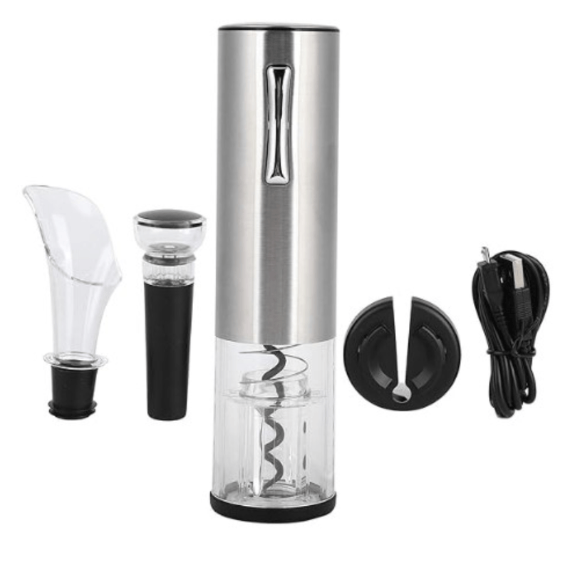 Casa si Gradina - Bucatarie si vesela - Accesorii bar - Tirbusoane si dopuri - Tirbuson Electric, Set desfacator de vin, Dop Servire si Dop Vidare, Adsinio, Argintiu/Negru - Infinity.ro