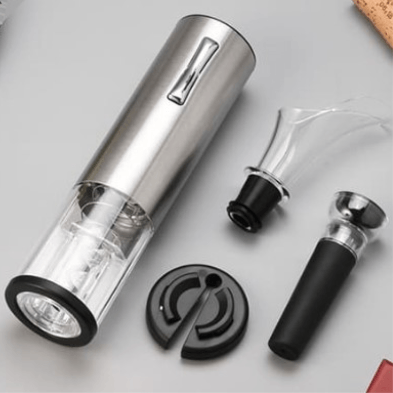 Casa si Gradina - Bucatarie si vesela - Accesorii bar - Tirbusoane si dopuri - Tirbuson Electric, Set desfacator de vin, Dop Servire si Dop Vidare, Adsinio, Argintiu/Negru - Infinity.ro