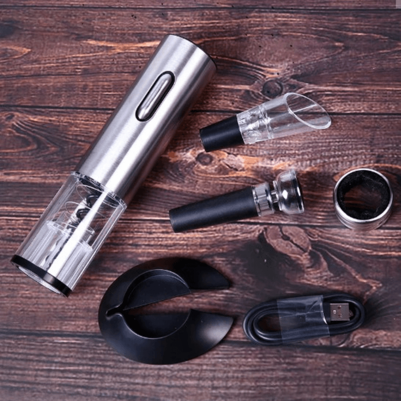 Casa si Gradina - Bucatarie si vesela - Accesorii bar - Tirbusoane si dopuri - Tirbuson Electric, Set desfacator de vin, Dop Servire si Dop Vidare, Adsinio, Argintiu/Negru - Infinity.ro