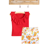 Fashion, accesorii si bijuterii - Copii - Imbracaminte copii - Treninguri si compleuri copii - Set tricou rosu cu volanas si fusta cu floricele, marime 130 - Infinity.ro