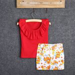 Fashion, accesorii si bijuterii - Copii - Imbracaminte copii - Treninguri si compleuri copii - Set tricou rosu cu volanas si fusta cu floricele, marime 130 - Infinity.ro