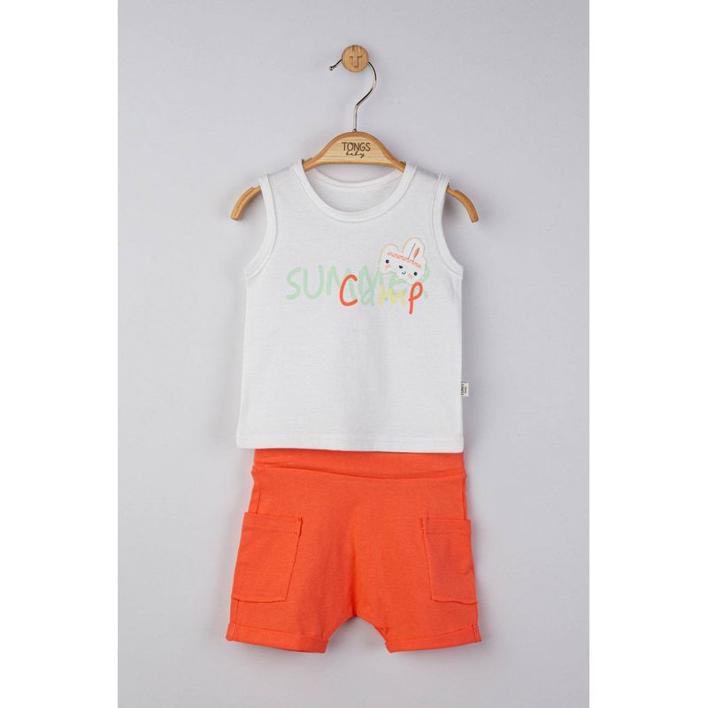 Fashion, accesorii si bijuterii - Copii - Imbracaminte copii - Treninguri si compleuri copii - Compleu 2 piese Summer camp pentru baietei, Tongs baby, portocaliu, marime 6-9 luni - Infinity.ro