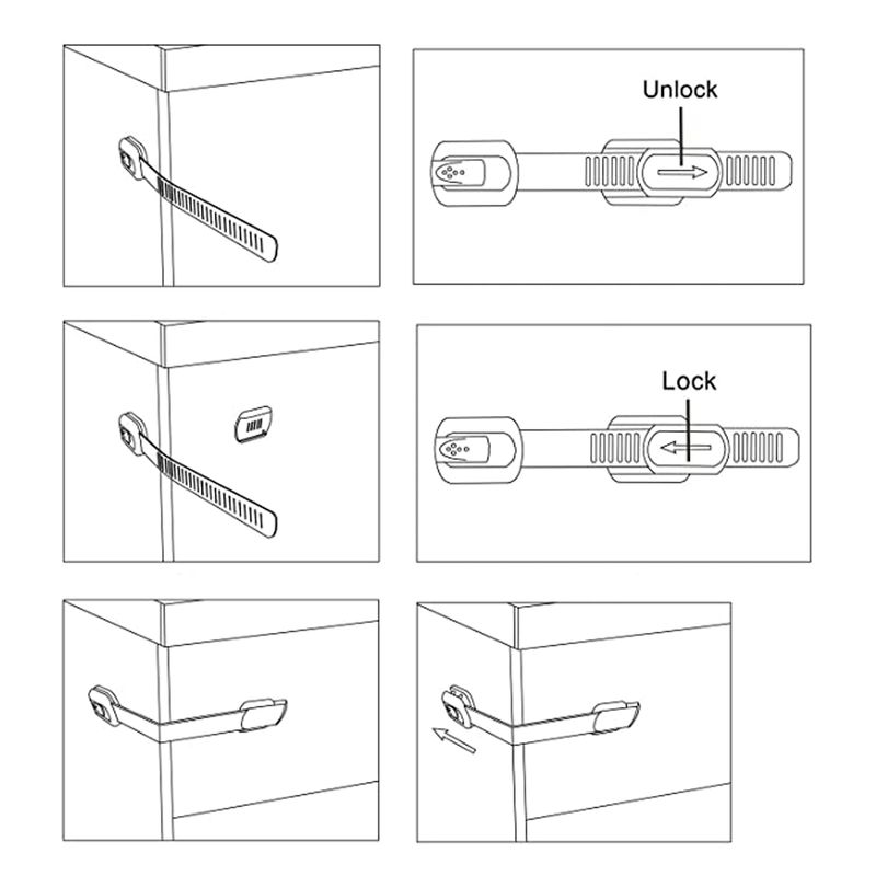 Casa si Gradina - Mobilier - Mobilier copii - Sisteme de siguranta - Set 6 Sigurante universale, Lungime ajustabila, pentru Sertare, Usi, Dulap si Frigider, fixare cu adeziv fara urme 3M - Infinity.ro