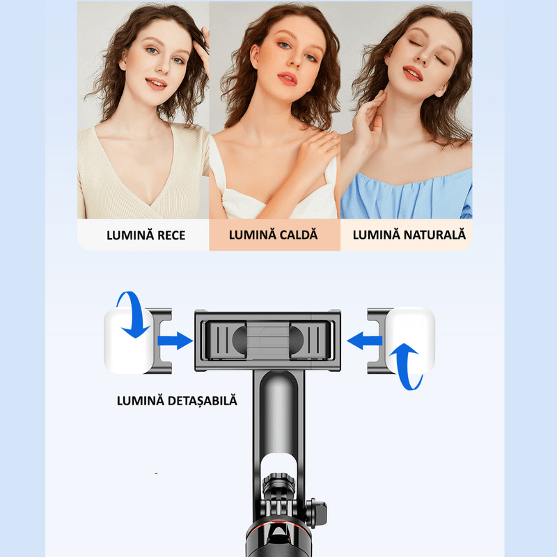 Laptop, Telefoane si Tablete - Telefoane mobile si accesorii - Accesorii Telefoane - Selfie stick-uri - Selfie Stick multifunctional, cu LED, Telecomanda Bluetooth, iOS/Android, 130 cm, OBRALIX® - Infinity.ro