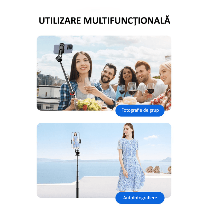 Laptop, Telefoane si Tablete - Telefoane mobile si accesorii - Accesorii Telefoane - Selfie stick-uri - Selfie Stick multifunctional, cu LED, Telecomanda Bluetooth, iOS/Android, 130 cm, OBRALIX® - Infinity.ro