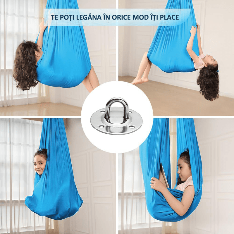 Casa si Gradina - Gradina si terasa - Balansoare si hamace - Hamace si suporturi - Hamac elastic, leagan, terapie senzoriala, kit complet, maxim 99 kg, albastru deschis, OBRALIX® - Infinity.ro