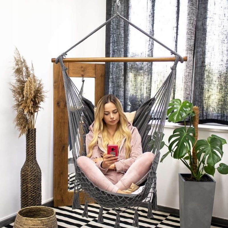 Casa si Gradina - Gradina si terasa - Balansoare si hamace - Hamace si suporturi - Hamac tip scaun, cu 2 perne, gri si bej, max 150 kg, 130x100 cm, Springos - Infinity.ro