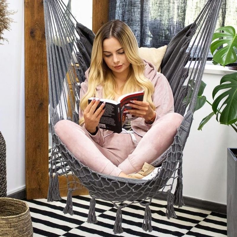 Casa si Gradina - Gradina si terasa - Balansoare si hamace - Hamace si suporturi - Hamac tip scaun, cu 2 perne, gri si bej, max 150 kg, 130x100 cm, Springos - Infinity.ro