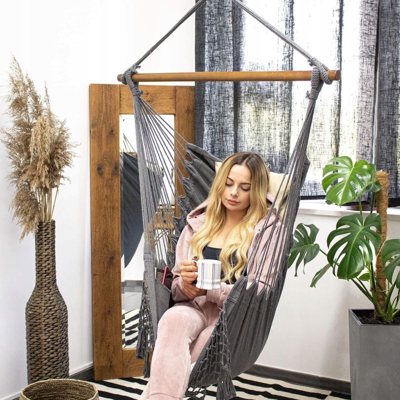 Casa si Gradina - Gradina si terasa - Balansoare si hamace - Hamace si suporturi - Hamac tip scaun, cu 2 perne, gri si bej, max 150 kg, 130x100 cm, Springos - Infinity.ro