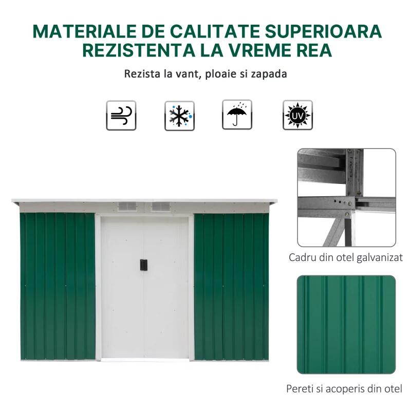 Casa si Gradina - Gradina si terasa - Casute de gradina - Casuta de gradina pentru depozitare unelte, otel, verde, 280x130x172 cm - Infinity.ro