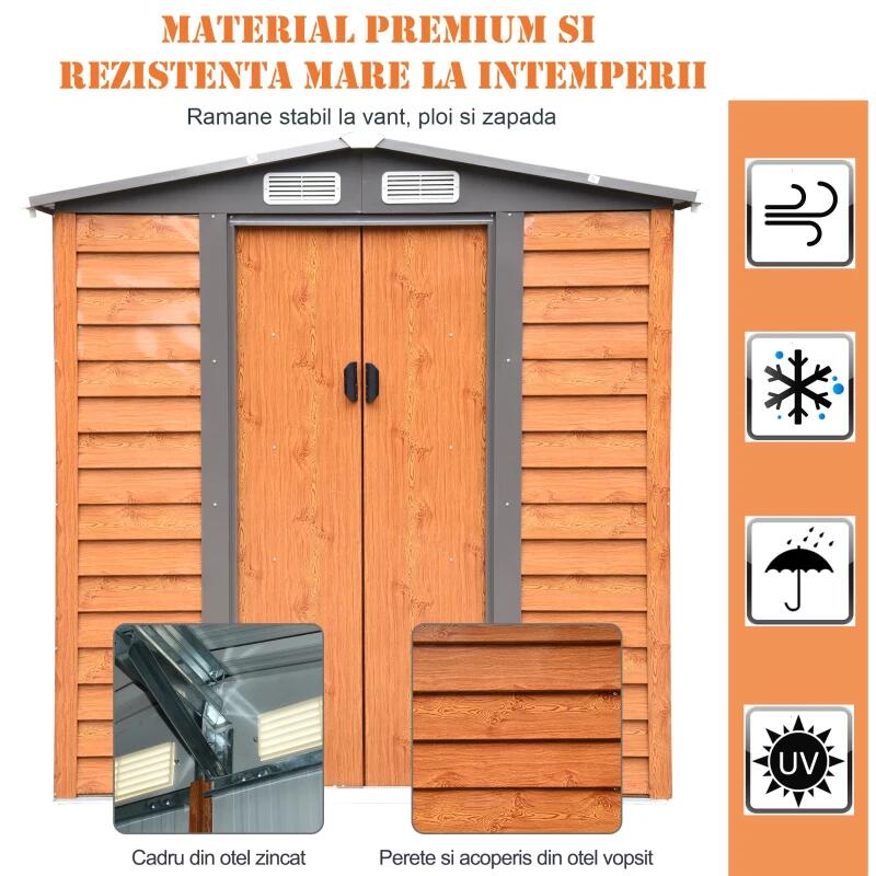 Casa si Gradina - Gradina si terasa - Casute de gradina - Casuta/magazie/sopron de gradina pentru depozitare unelte, otel si PP, maro, 197.5x160x201 cm - Infinity.ro