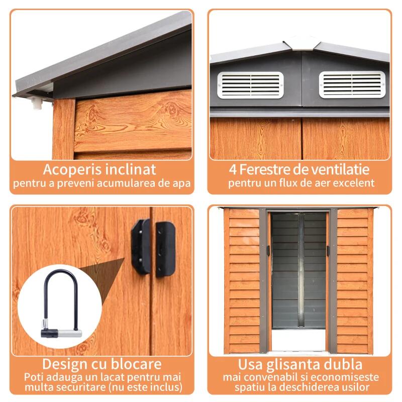 Casa si Gradina - Gradina si terasa - Casute de gradina - Casuta/magazie/sopron de gradina pentru depozitare unelte, otel si PP, maro, 197.5x160x201 cm - Infinity.ro