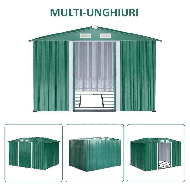 Casa si Gradina - Gradina si terasa - Casute de gradina - Casuta/magazie/sopron de gradina pentru depozitare unelte, cu structura baza inclusa, otel si PP, verde, 258x206x178 cm - Infinity.ro