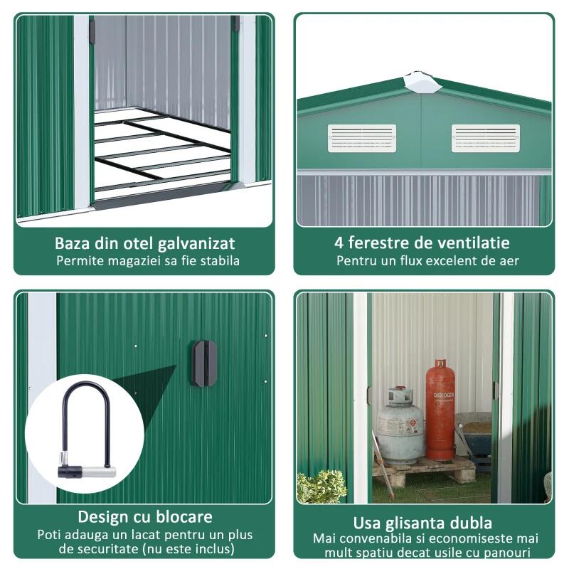 Casa si Gradina - Gradina si terasa - Casute de gradina - Casuta/magazie/sopron de gradina pentru depozitare unelte, cu structura baza inclusa, otel si PP, verde, 258x206x178 cm - Infinity.ro