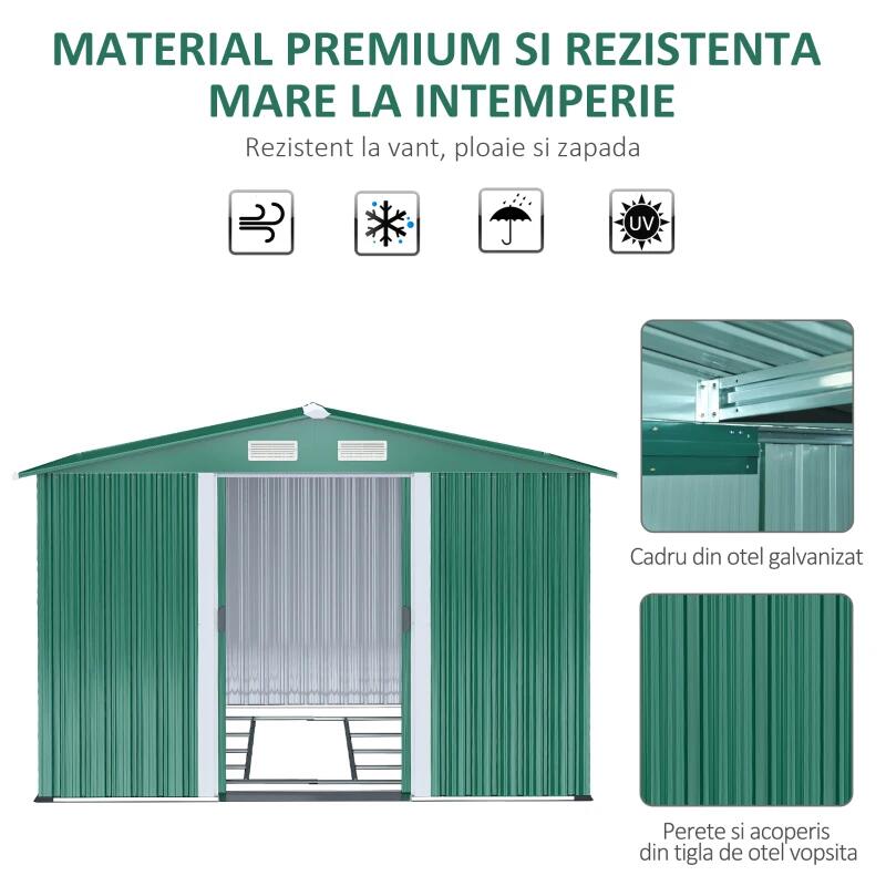 Casa si Gradina - Gradina si terasa - Casute de gradina - Casuta/magazie/sopron de gradina pentru depozitare unelte, cu structura baza inclusa, otel si PP, verde, 258x206x178 cm - Infinity.ro