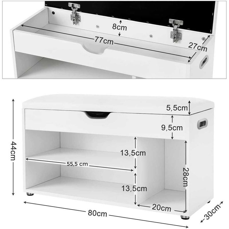 Casa si Gradina - Mobilier - Dulapuri si sifoniere - Dulapuri pantofi - Banca depozitare incaltaminte, pantofar pentru hol, Vasagle, pal, 3 rafturi, alb, 80x30x44 cm - Infinity.ro