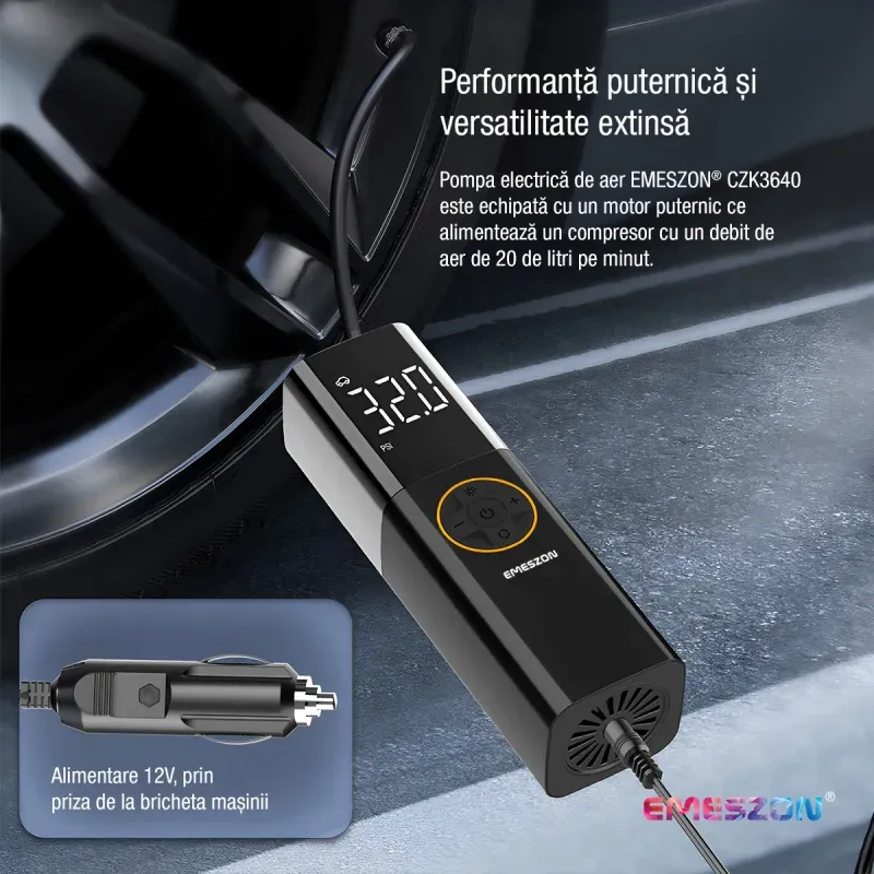 Auto si Moto - Reparatii si depanare - Compresoare auto - Compresor Auto aer EMESZON® CZK3640, Lampa LED, 12V, 70W, 120psi, Pompa aer umflat Anvelope, Roti, Mingii, Colace, Negru - Infinity.ro