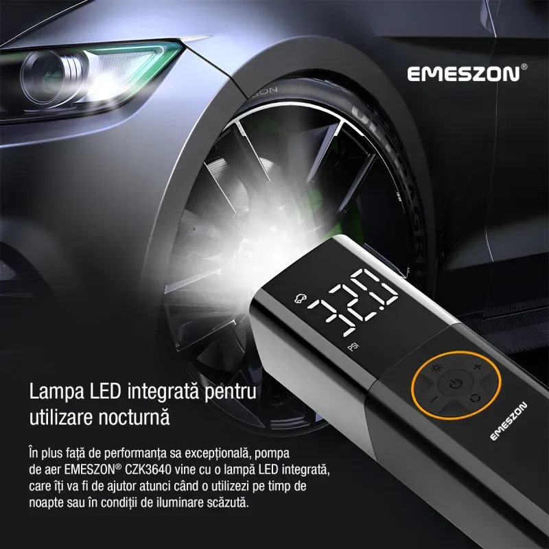 Auto si Moto - Reparatii si depanare - Compresoare auto - Compresor Auto aer EMESZON® CZK3640, Lampa LED, 12V, 70W, 120psi, Pompa aer umflat Anvelope, Roti, Mingii, Colace, Negru - Infinity.ro