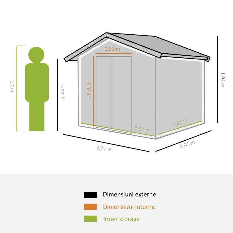 Casa si Gradina - Gradina si terasa - Casute de gradina - Casuta/magazie/sopron de gradina pentru depozitare unelte, cu structura baza inclusa, otel si PP, verde, 277x195x192 cm - Infinity.ro