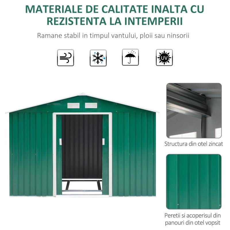 Casa si Gradina - Gradina si terasa - Casute de gradina - Casuta/magazie/sopron de gradina pentru depozitare unelte, cu structura baza inclusa, otel si PP, verde, 277x195x192 cm - Infinity.ro