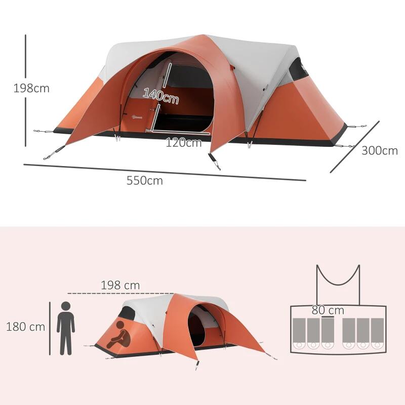 Sport si Outdoor - Camping - Corturi camping - Cort camping, 5-6 persoane, impermeabil, cu copertina, ferestre, geanta, portocaliu, 550x300x198 cm - Infinity.ro